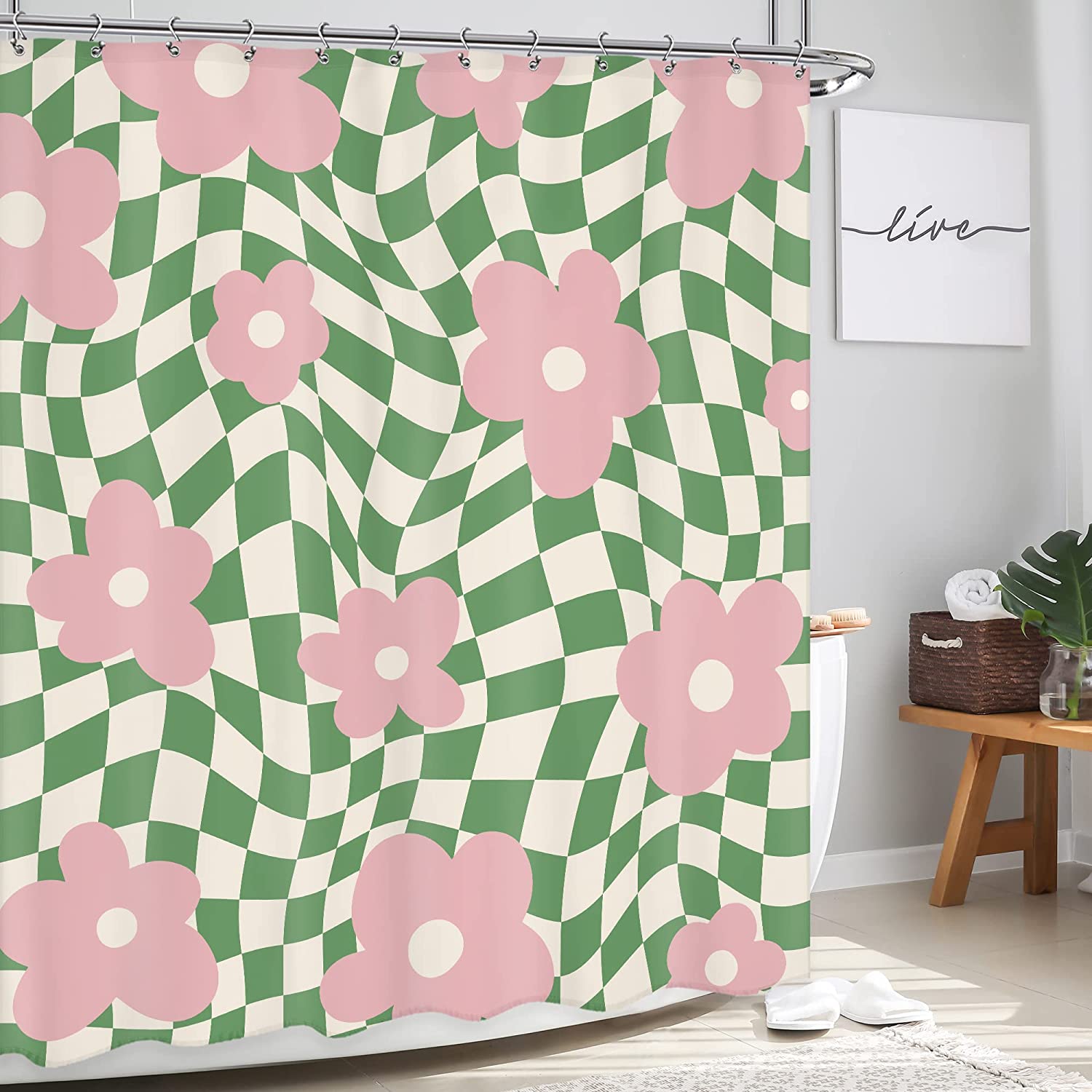 Newsely Retro Pink Green Trippy Shower Curtain 60Wx72H Inch Cute Flower Abstract Checkered Plaid Shower Curtain Bathroom Set Psychedelic Aesthetic Waterproof Bath Decoration Accessories Home Decor