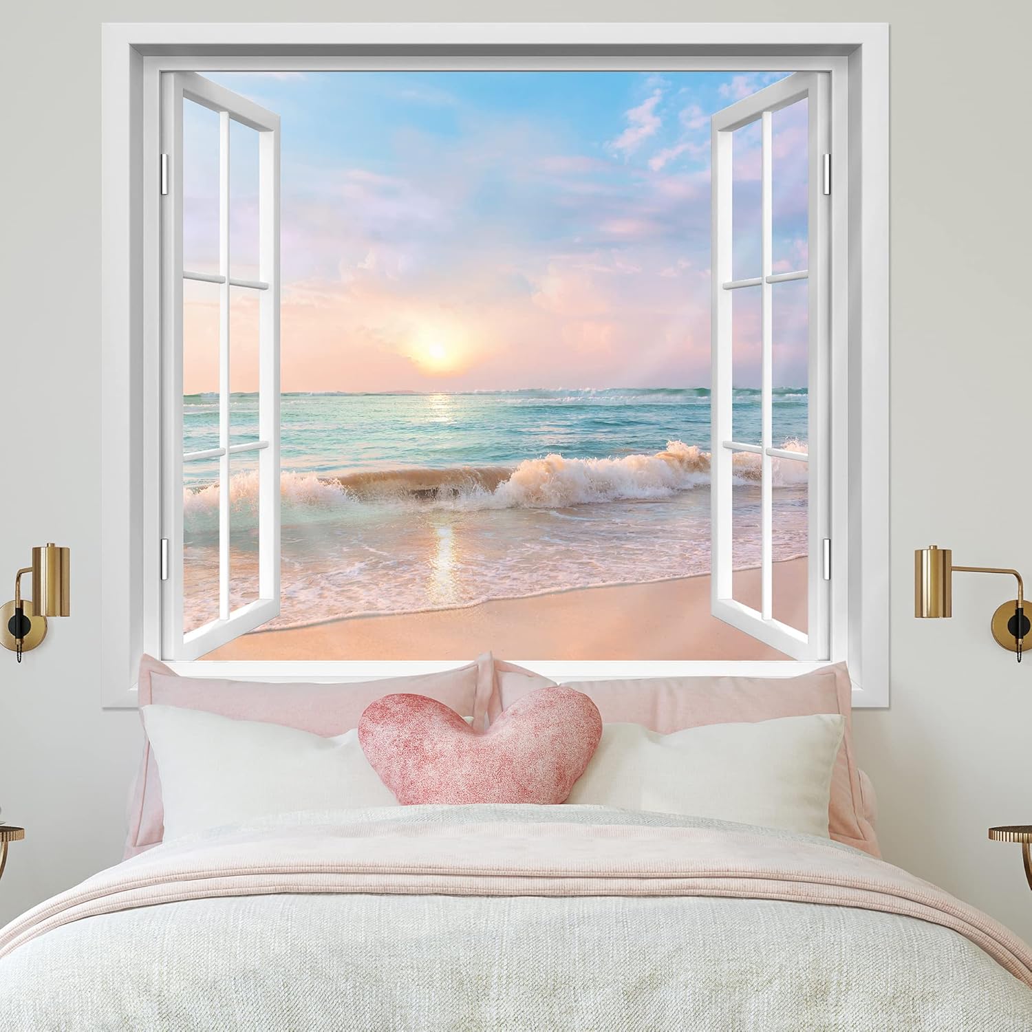 MESHELLY Ocean Beach Tapestry Hawaiian Sunset Sunrise Seaside Rustic Window Coastal Wave Wall Art 59Wx51H Inch Modern Summer Seascape Wall Hanging Bedroom Living Room Dorm Decor Fabric