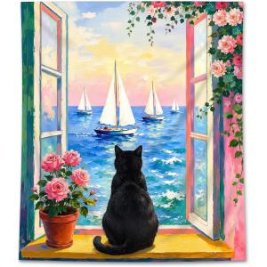 AMBZEK Cat Tapestry 59Hx51W Ocean Whimsical Cloth Posters Wall Art Hanging Decor for Bedroom Living Room