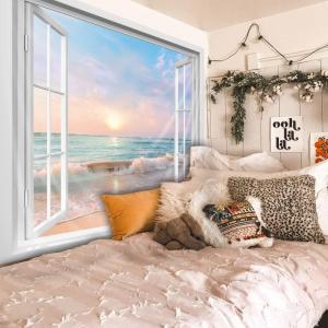 MESHELLY Ocean Beach Tapestry Hawaiian Sunset Sunrise Seaside Rustic Window Coastal Wave Wall Art 59Wx51H Inch Modern Summer Seascape Wall Hanging Bedroom Living Room Dorm Decor Fabric
