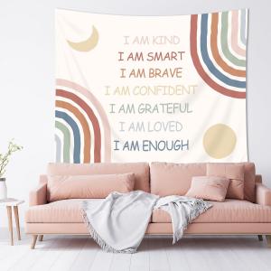 XLG Boho Rainbow Tapestry 59Wx51H Inches Kids Teens Positive Inspirational Quotes Motivational Classroom Moon Sun Colorful Girl Art Hanging Bedroom Living Room Dorm Wall Blankets Home Decor Fabric
