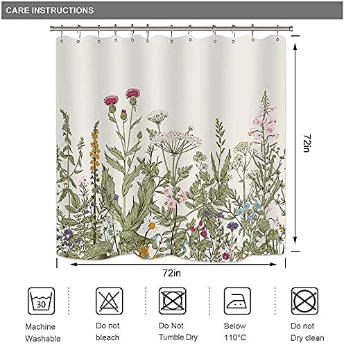 Wowzone Wildflower Botanical Shower Curtain for Bathroom Decor 72Wx72H Inch Floral Flower Plant Herbs Sage Green Leaves Decorative Bath Set