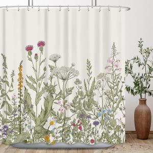 Wowzone Wildflower Botanical Shower Curtain for Bathroom Decor 72Wx72H Inch Floral Flower Plant Herbs Sage Green Leaves Decorative Bath Set