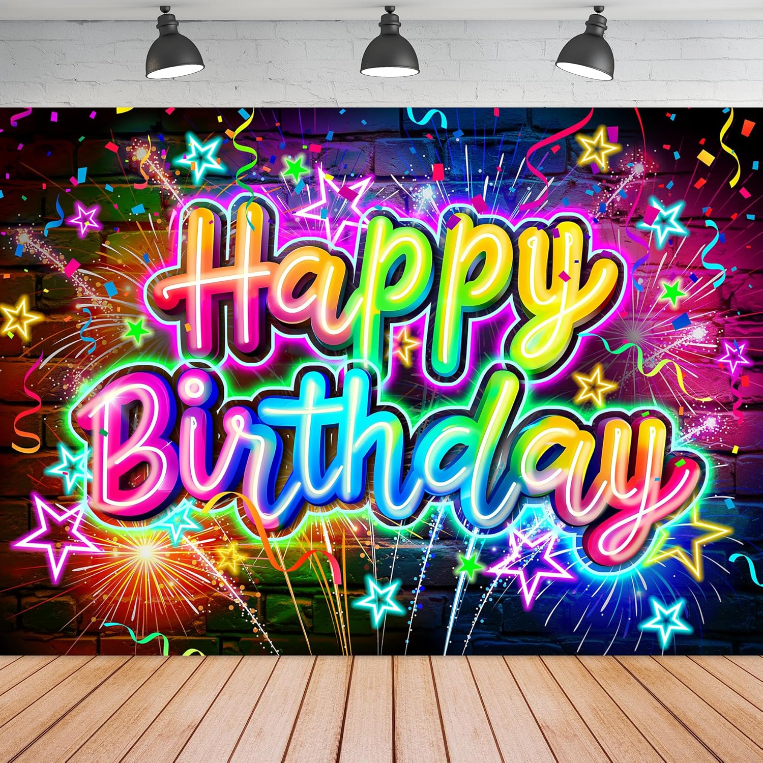 Mitpok Neon Happy Birthday Backdrop 7Wx5H Feet Fabric Polyester Funny Brick Wall Colorful Graffiti Fireworks Splatter Modern Cool Photography Background Banner Photo Shoot Decor Prop