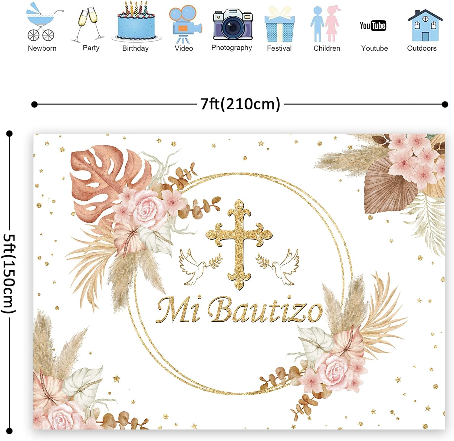 BBlovely Mi Bautizo Sign Backdrop God Bless Baptism Banner First Holy Communion Girl Boho Pink Pampas Floral 7Wx5H Feet Peace Dove Photography Background