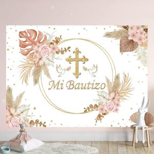 BBlovely Mi Bautizo Sign Backdrop God Bless Baptism Banner First Holy Communion Girl Boho Pink Pampas Floral 7Wx5H Feet Peace Dove Photography Background