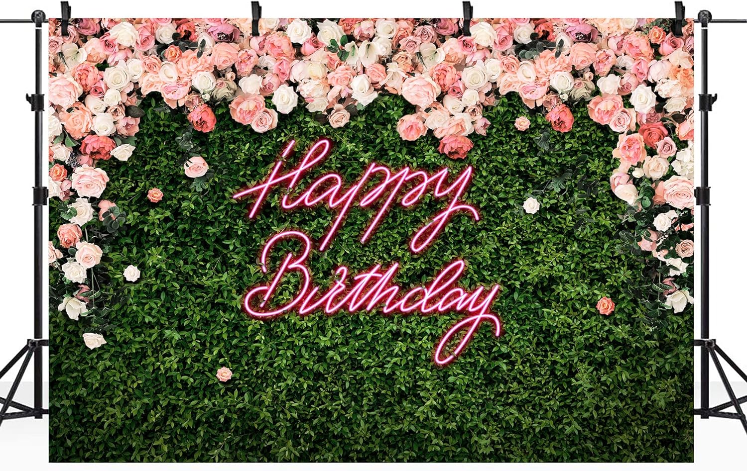 muuwing Happy Birthday Backdrop for Women Neon Flower Wall Pink Rose Green Leaves Floral Blossom Botanical Plant Nature 7Wx5H Feet Girls Photography Background Birthday Photo Studio Shoot Fabric