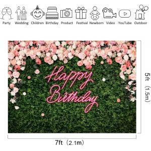 muuwing Happy Birthday Backdrop for Women Neon Flower Wall Pink Rose Green Leaves Floral Blossom Botanical Plant Nature 7Wx5H Feet Girls Photography Background Birthday Photo Studio Shoot Fabric