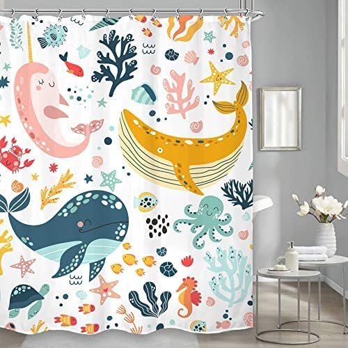 muuwing Kids Whale Shower Curtain Bathroom Set 60Wx71H Inches Funny Nursery Cute Fish Ocean Cartoon Sealife Under Sea Coral Starfish Bath Accessories for Boys Girls Home Decor Fabric 12 Pack Hooks