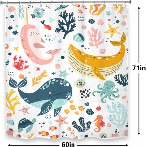 muuwing Kids Whale Shower Curtain Bathroom Set 60Wx71H Inches Funny Nursery Cute Fish Ocean Cartoon Sealife Under Sea Coral Starfish Bath Accessories for Boys Girls Home Decor Fabric 12 Pack Hooks