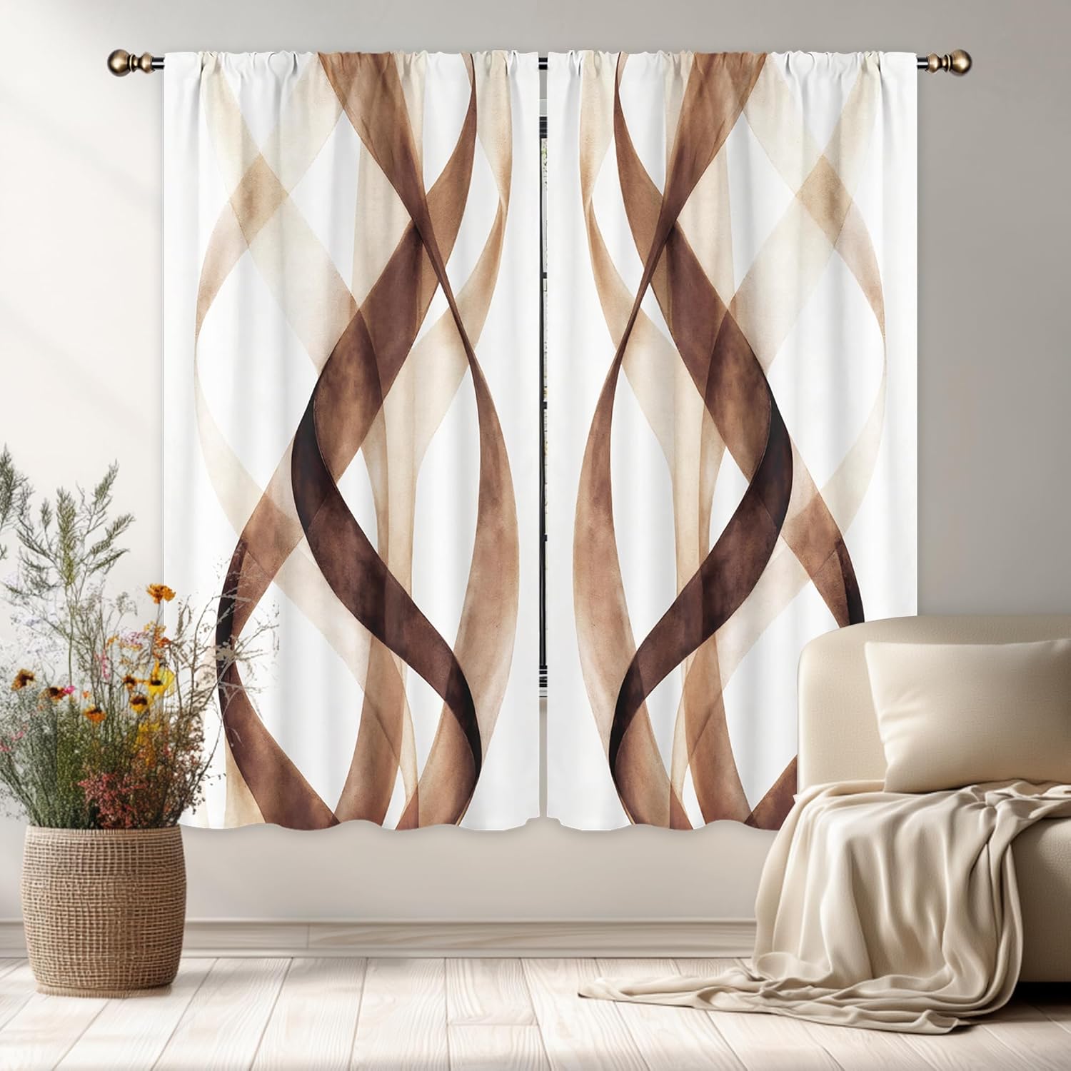 Imirell Brown Striped Curtains 42Wx63H Inch Abstract Geometric Modern Spiral Minimalist Simple Contemporary Aesthetic Rod Pocket Bedroom Living Room Window Drapes Treatment Fabric 2 Panels