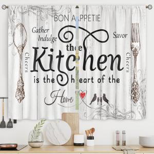 Wowzone Kitchen Curtains Rustic Farmhouse 55x39 Inch Rod Pocket Country Short Small Barn Fork and Spoon Wooden Wood Plank Board Vintage Printed Cafe Window Curtains