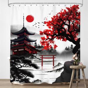 Litimoon Japanese Cherry Blossom Shower Curtain 60Wx72H Inches Watercolor Black Red Floral Asian Chinese Mountain Sun Anime Fabric Waterproof Polyester Bathroom Home Decor Set with Hooks