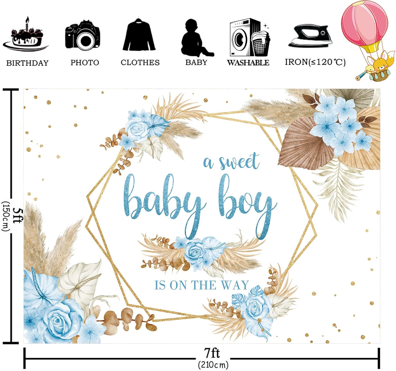 MESHELLY Boho Baby Shower Boy Backdrop 7Wx5H Feet Polyester Fabric Floral Blue Pampas Grass Flowers Newborn Party Decoration Gold Dots Botany Plants Celebrate Photography Background Photo Shoot Props Visit the Homewelle Store