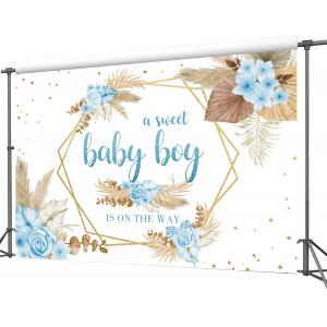 MESHELLY Boho Baby Shower Boy Backdrop 7Wx5H Feet Polyester Fabric Floral Blue Pampas Grass Flowers Newborn Party Decoration Gold Dots Botany Plants Celebrate Photography Background Photo Shoot Props Visit the Homewelle Store