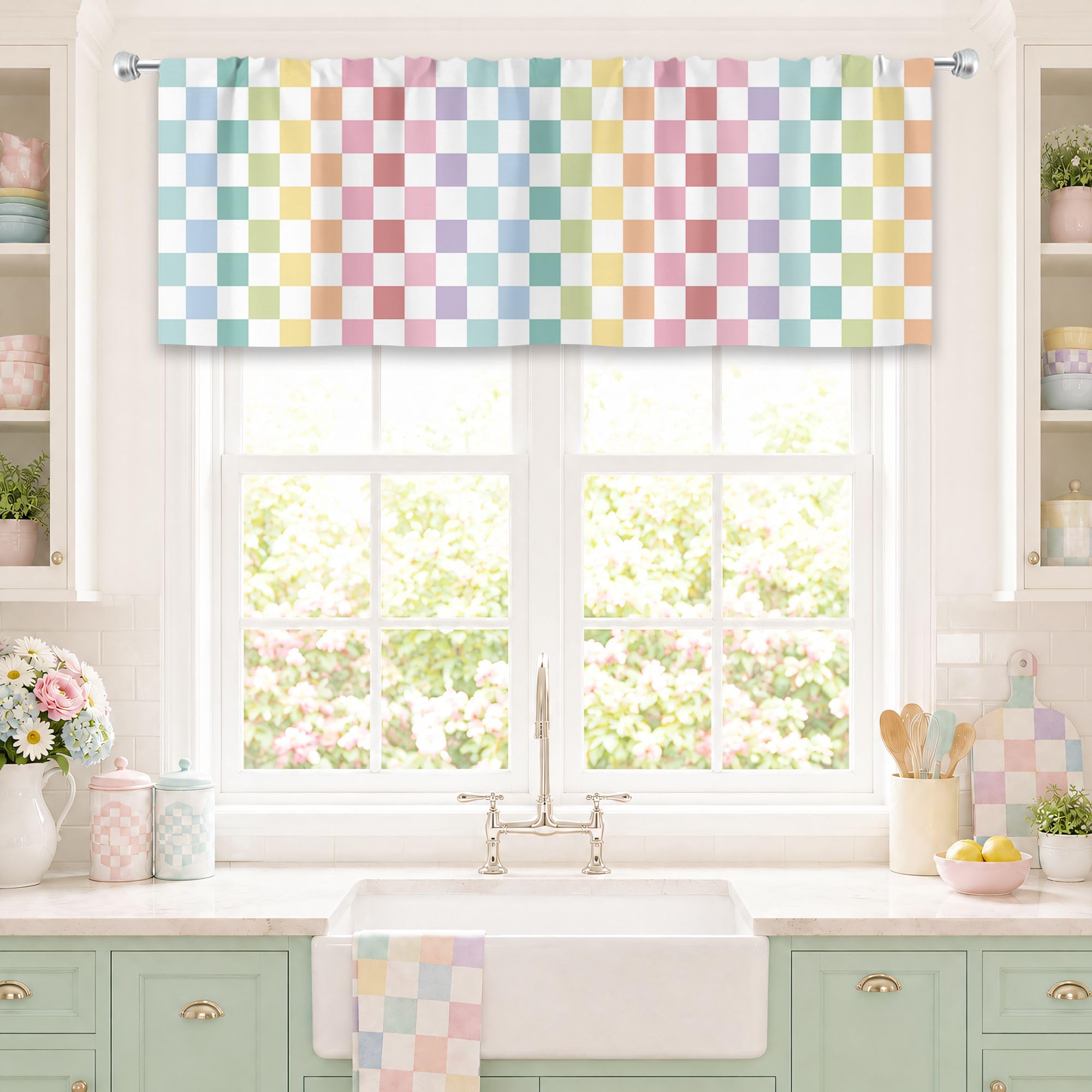 AMBZEK Pastel Checkered Valance Kitchen Curtains 52Wx18H Inch Geometric 1 Panel