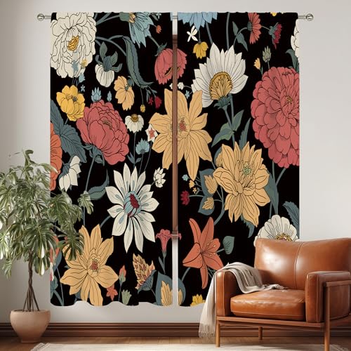 AMBZEK Black Boho Flora Curtains 42Wx63H Inch Rod Pocket Mid Century Rustic Flowers Farmhouse Wildflower Plant Botanical Bedroom Window Drapes Retro Aesthetic Printed Living Room Window Treatment