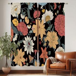 AMBZEK Black Boho Flora Curtains 42Wx63H Inch Rod Pocket Mid Century Rustic Flowers Farmhouse Wildflower Plant Botanical Bedroom Window Drapes Retro Aesthetic Printed Living Room Window Treatment