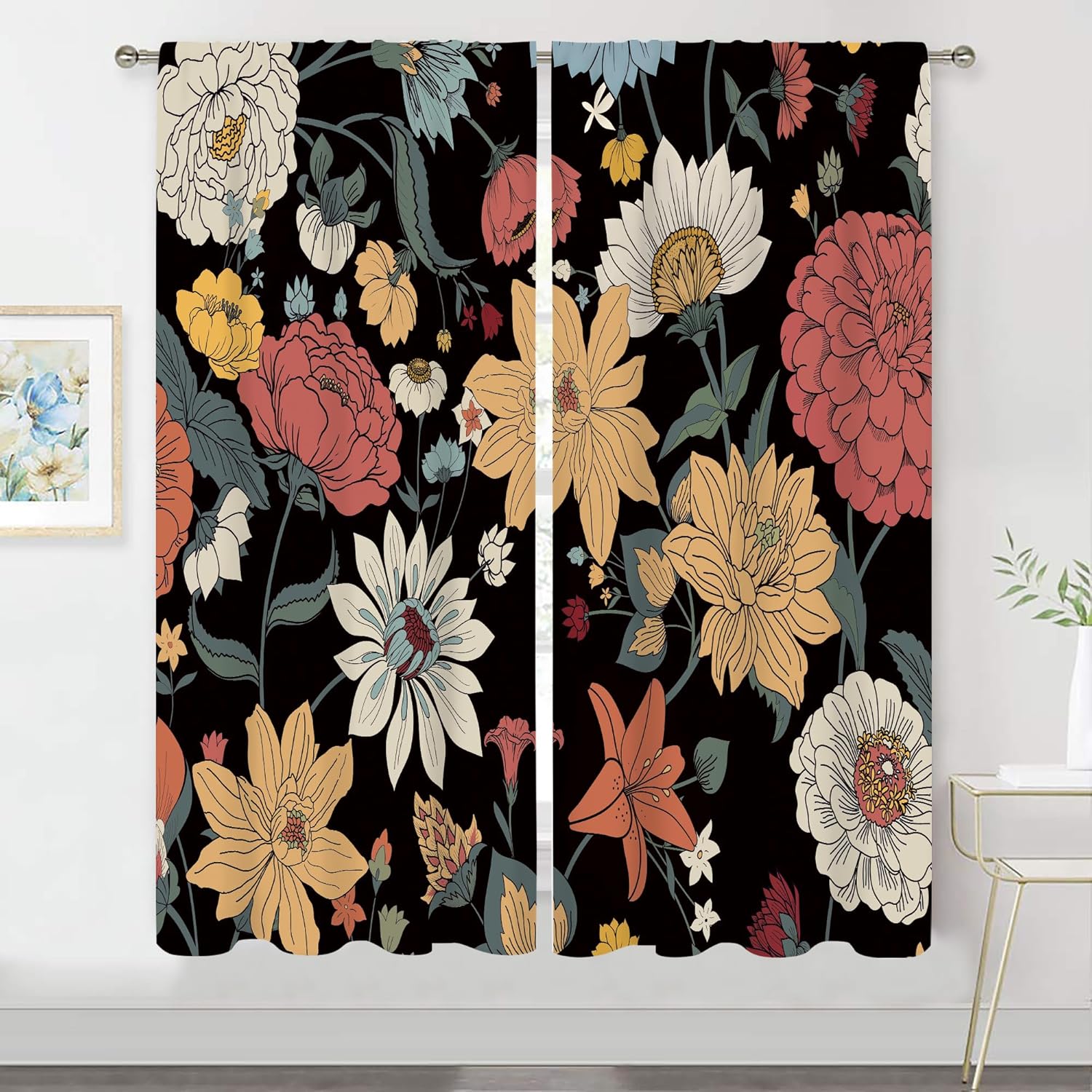 AMBZEK Black Boho Flora Curtains 42Wx63H Inch Rod Pocket Mid Century Rustic Flowers Farmhouse Wildflower Plant Botanical Bedroom Window Drapes Retro Aesthetic Printed Living Room Window Treatment