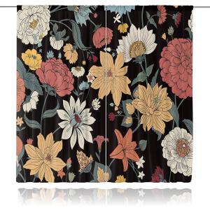 AMBZEK Black Boho Flora Curtains 42Wx63H Inch Rod Pocket Mid Century Rustic Flowers Farmhouse Wildflower Plant Botanical Bedroom Window Drapes Retro Aesthetic Printed Living Room Window Treatment