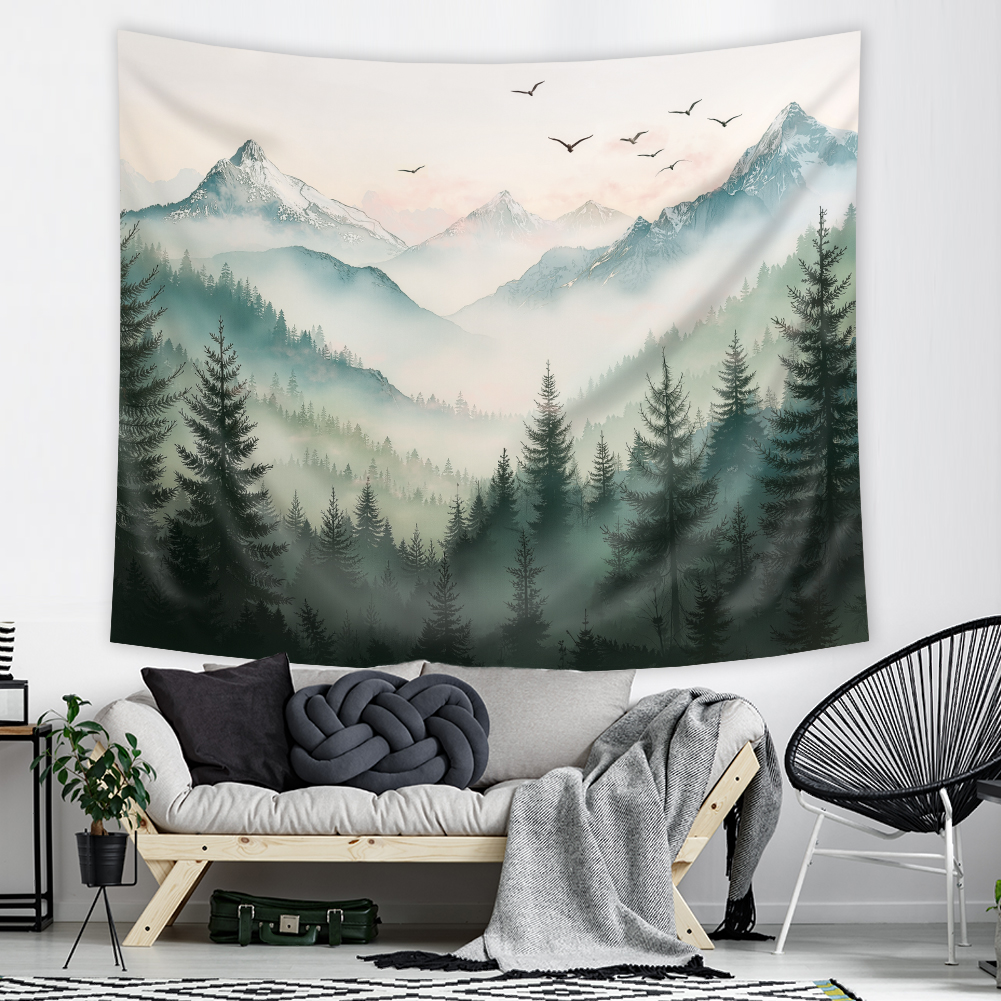 Cinbloo Misty Mountain Tapestry 59Wx51H Inch Sage Green Nature Rustic Pine Tree Foggy Woodlands Birds Landscape Modern Wall Hanging Natural Men Classroom Home Dorm Decor Art Living Room Bedroom