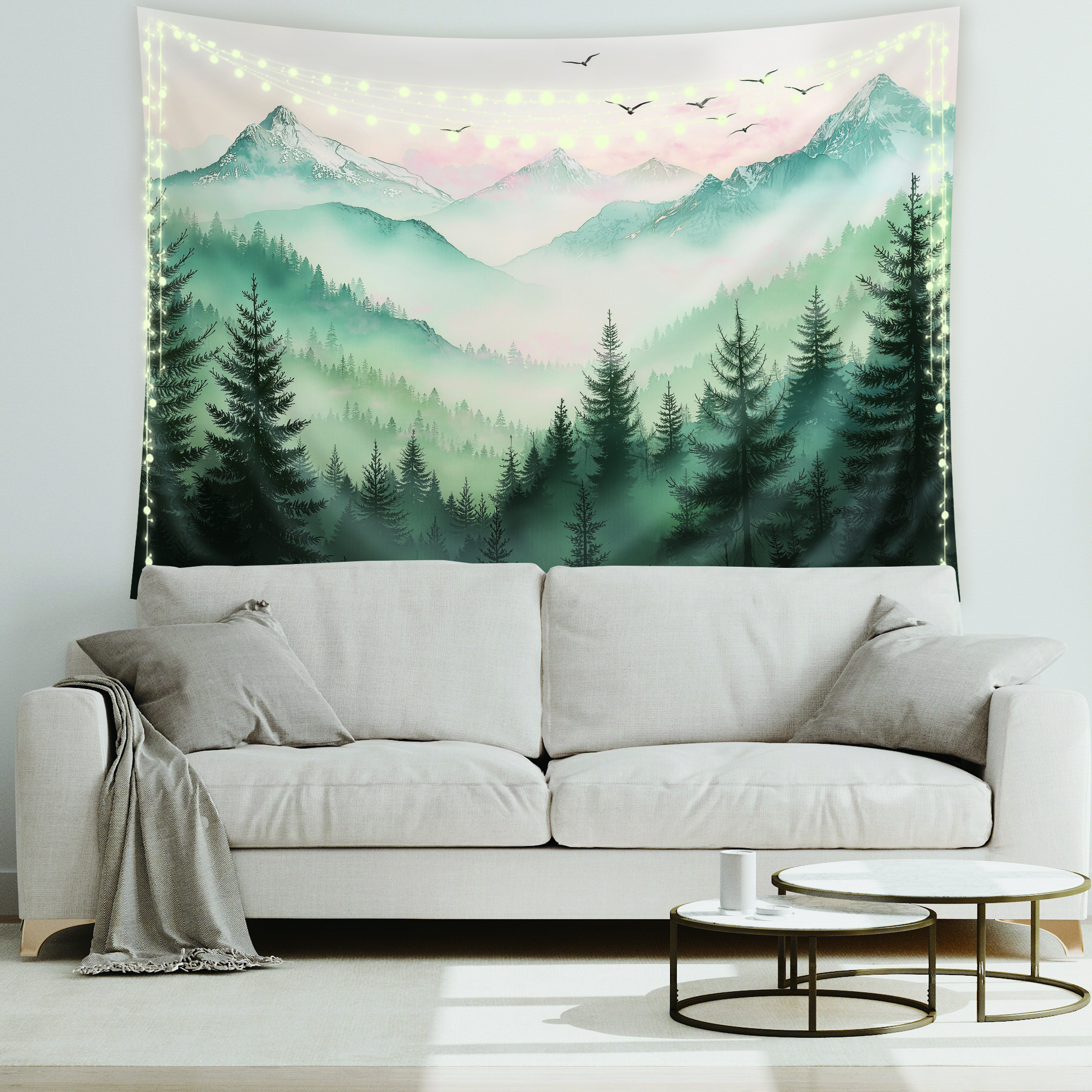 Cinbloo Misty Mountain Tapestry 59Wx51H Inch Sage Green Nature Rustic Pine Tree Foggy Woodlands Birds Landscape Modern Wall Hanging Natural Men Classroom Home Dorm Decor Art Living Room Bedroom