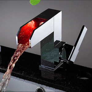 Modern Square Shaped Copper Tall LED Bathroom Sink Faucet