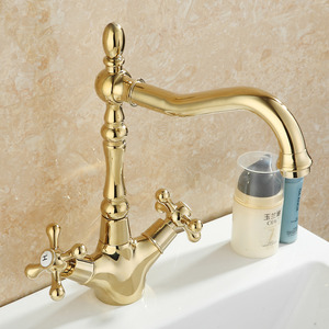 Vintage Golden Polished Brass Lengthen Spout Bathroom Faucet Two Handles