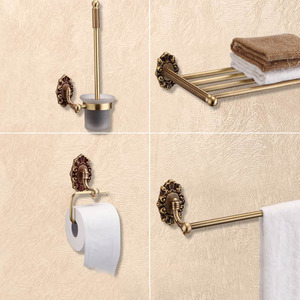 4-piece Carved Wall Mount Antique Brass Bathroom Accessory Sets