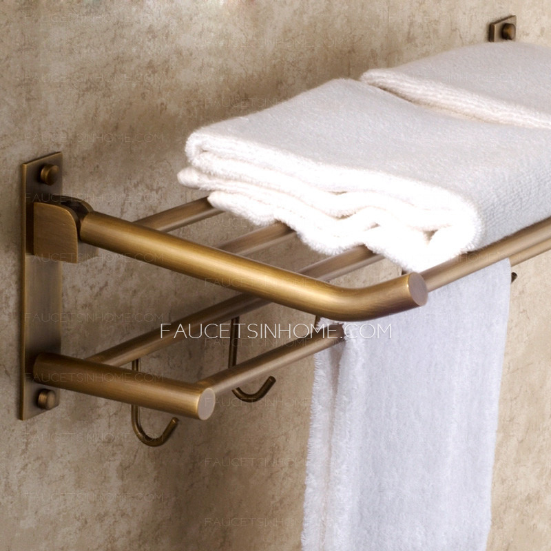 Foldable Antique Brass Wall Mounted Bathroom Shower Shelves With Robe Hooks