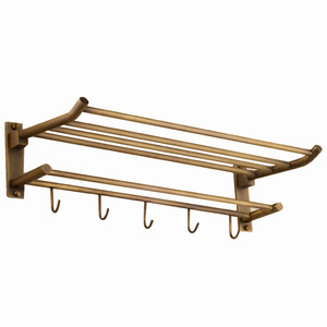 Foldable Antique Brass Wall Mounted Bathroom Shower Shelves With Robe Hooks