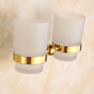 Double Cup Polished Brass Glass Wall Mount Toothbrush Holder