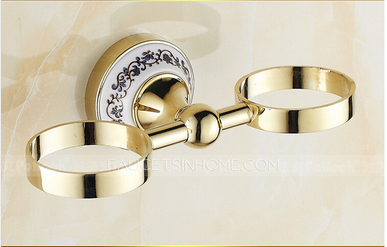 Glass Polished Brass Double Cup Wall Mounted Toothbrush Holder