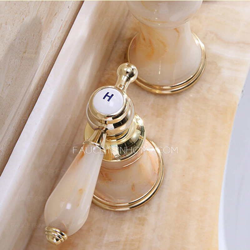 Luxury Polished Brass Jade Three Hole Bathroom Sink Faucets 8635