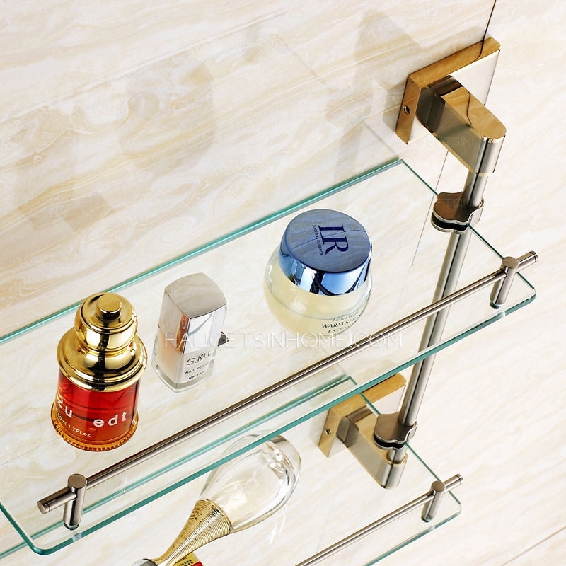 Modern Double Brass Glass Bathroom Shelves