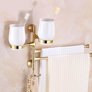 Designer Brass Double Bars Towel Bars With Two Toothbrush Cup
