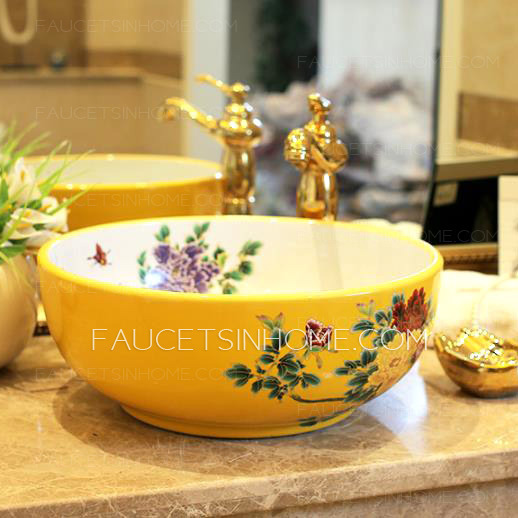 Porcelain Vessel Sink Chinese Style Yellow and White Round