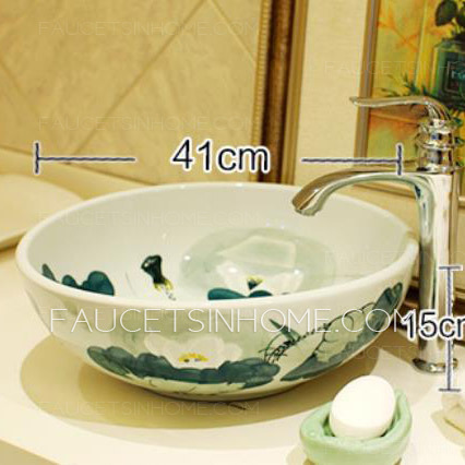 Vessel Bowl Sink Porcelain Green Lotus Pond