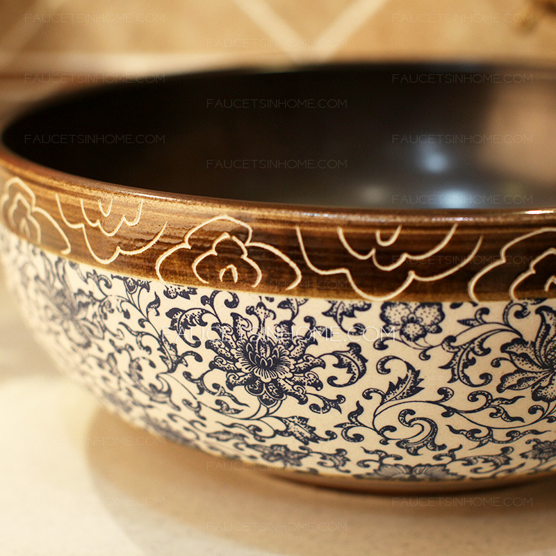 Porcelain Vessel Sink Vintage Blue and White china Single Bowl 