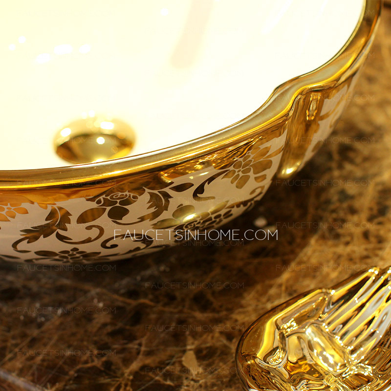 Gold Vessel Sink Luxury Ceramic Hot Stamping Floral