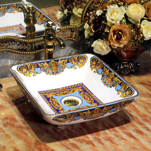 Square Vessel Sinks Artistic Vintage Pattern Painting Blue and Gold