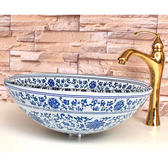 Glass Vessel Sinks Blue and White Vintage Chinese Style