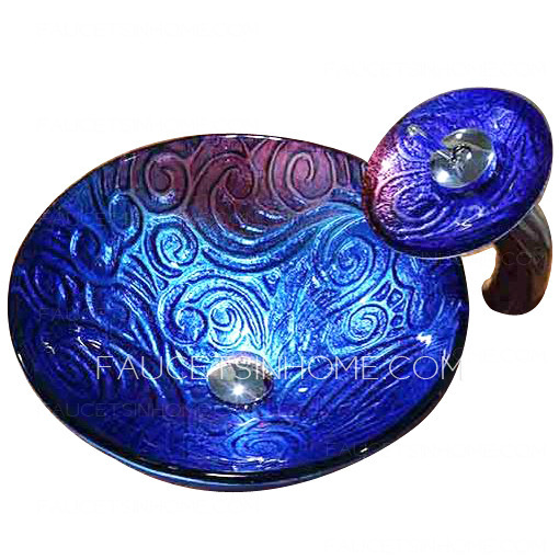 Artistic Blue Bath Sink Pattern Carved Single Bowl With Faucet