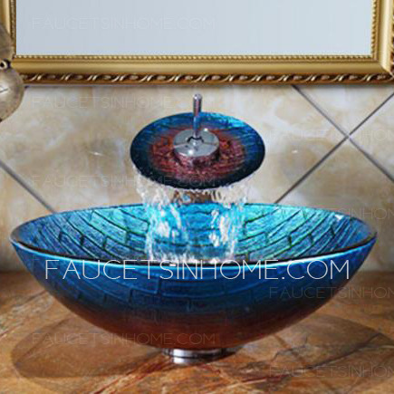 Blue And Red Glass Vessel Sinks Plaid Single Round Bowl With Faucet