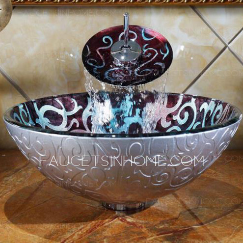 Artistic Glass Basin Sinks Floral Pattern Single Round Bowl With Faucet