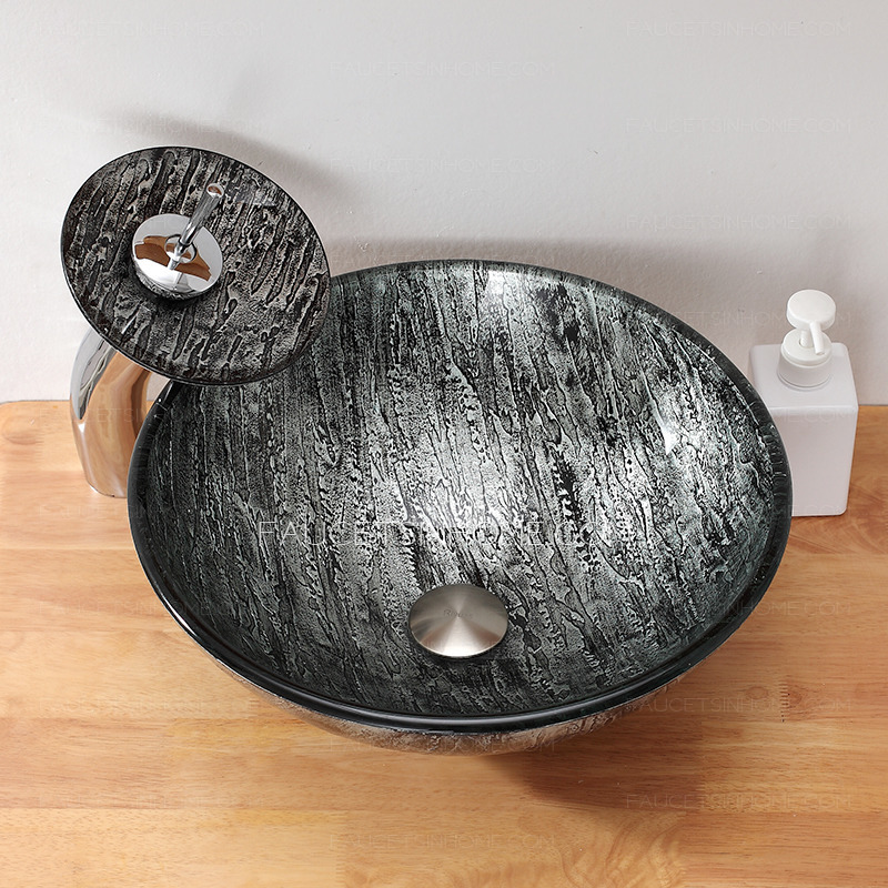 Silver Gray Round Glass Vessel Sinks Single Bowl With Faucet