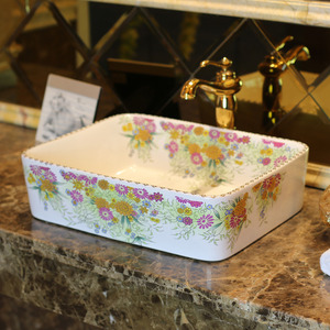 White Rectangle Porcelain Bathroom Sinks Colorful Floral Single Bowl