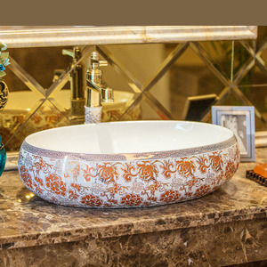 Orange Oval Porcelain Bathroom Sinks Pattern Painting Single Bowl