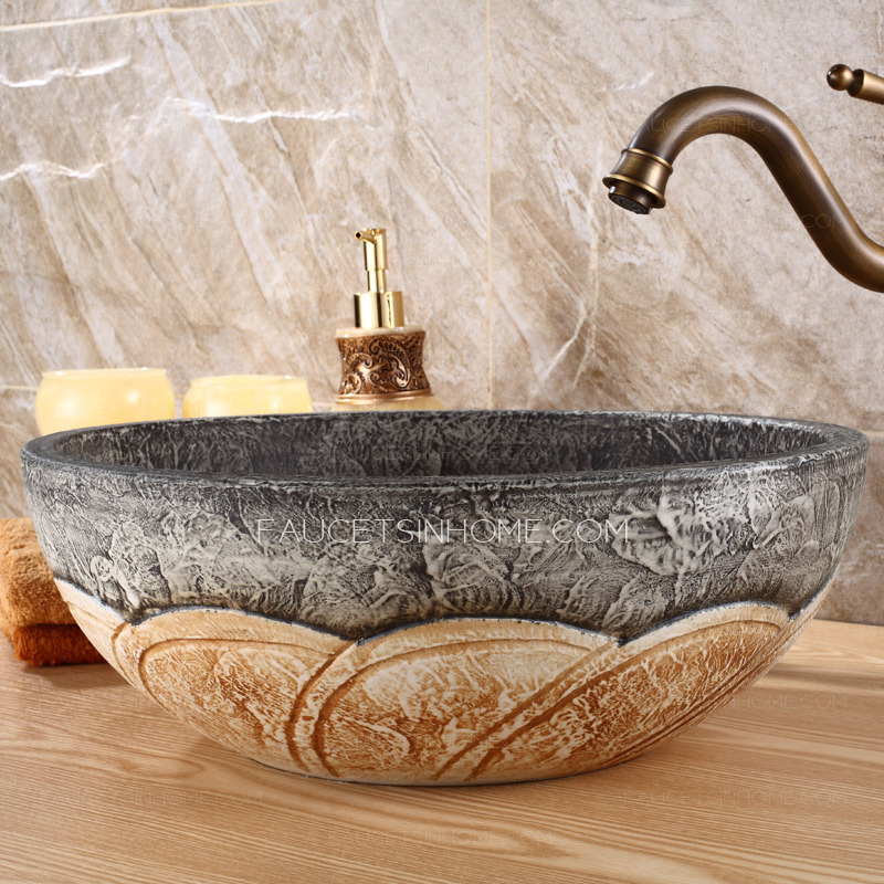 Brown And Gray Round Ceramic Bathroom Sinks Single Bowl