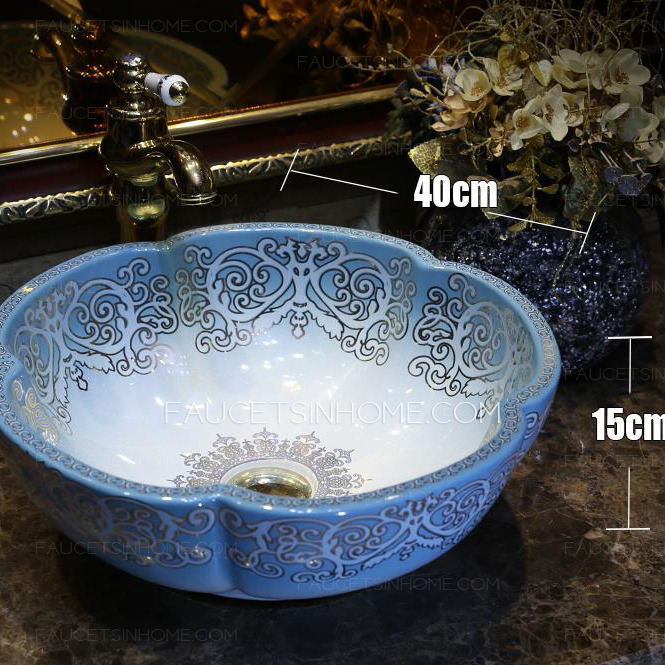 Blue Flower Shape Ceramic Vessel Sink Pattern Painting Single Bowl
